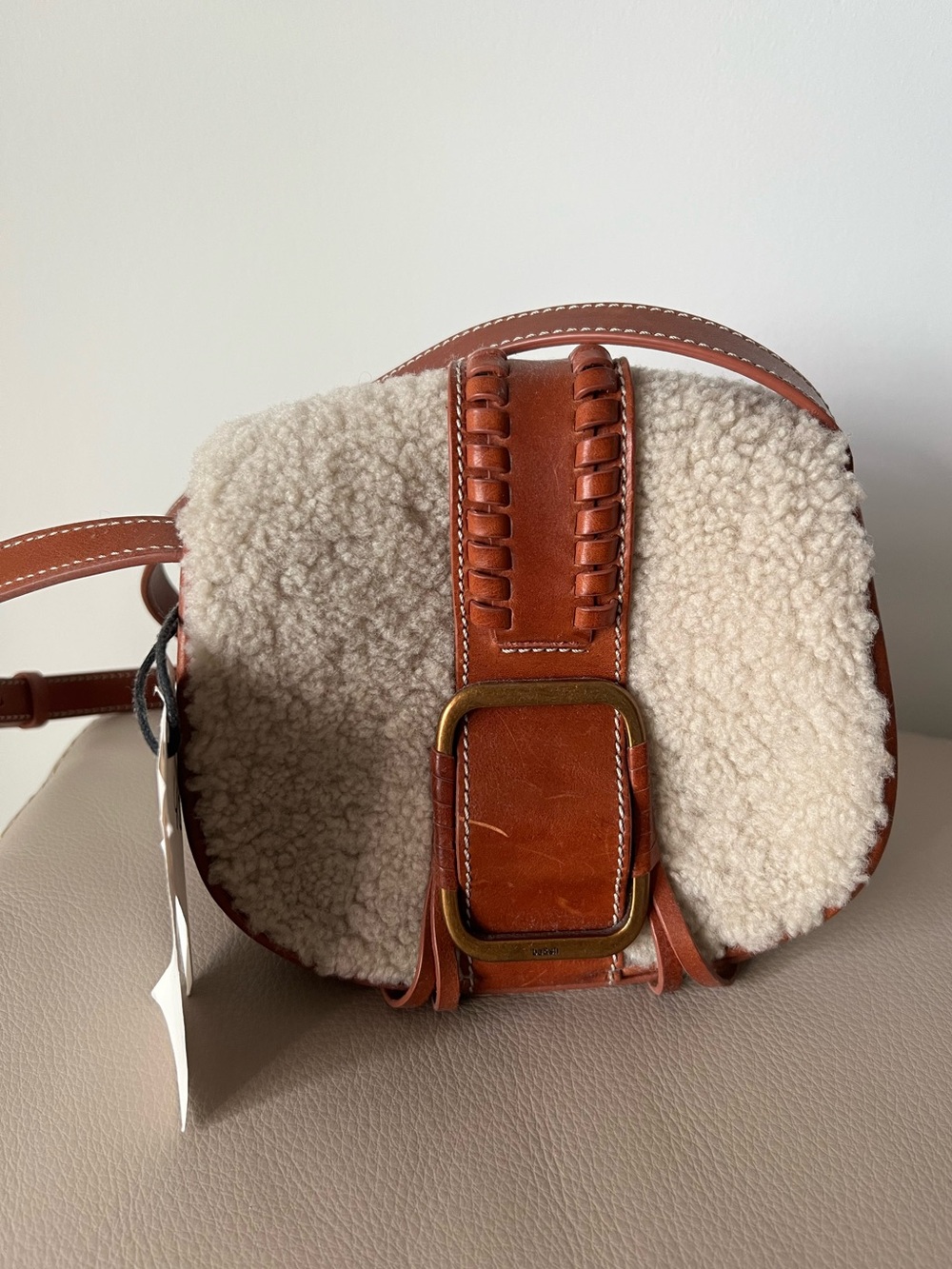 ba&sh Tan Leather Crossbody with Cream Shearling Trim